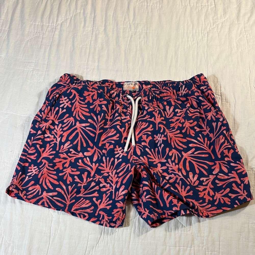 Men’s J. Crew Coral Branch Print Swim Trunks Navy & Pink Size‎ Large